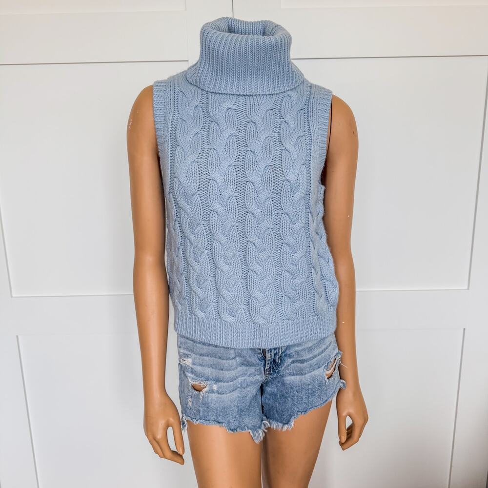 Gianni Bini Light Stone Blue Cable Knit Sleeveless Turtleneck Sweater-Size LG